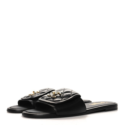 Chanel Lambskin Quilted Turnlock Flat Mules  Black