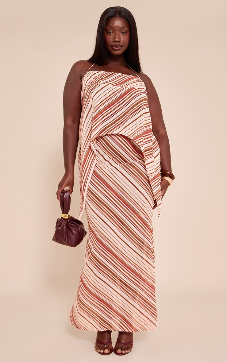 Plus Brown Chiffon Striped Mid Rise Maxi Skirt