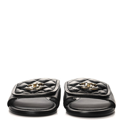 Chanel Lambskin Quilted Turnlock Flat Mules  Black