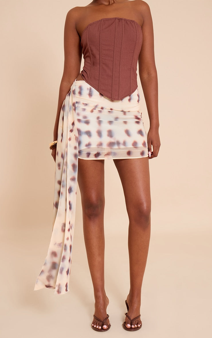 Cream Chiffon Printed Draped Mini Skirt