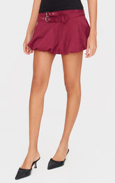 Burgundy Double Belt Detail Puffball Mini Skirt