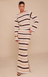 Brown Striped Mid Rise Maxi Skirt