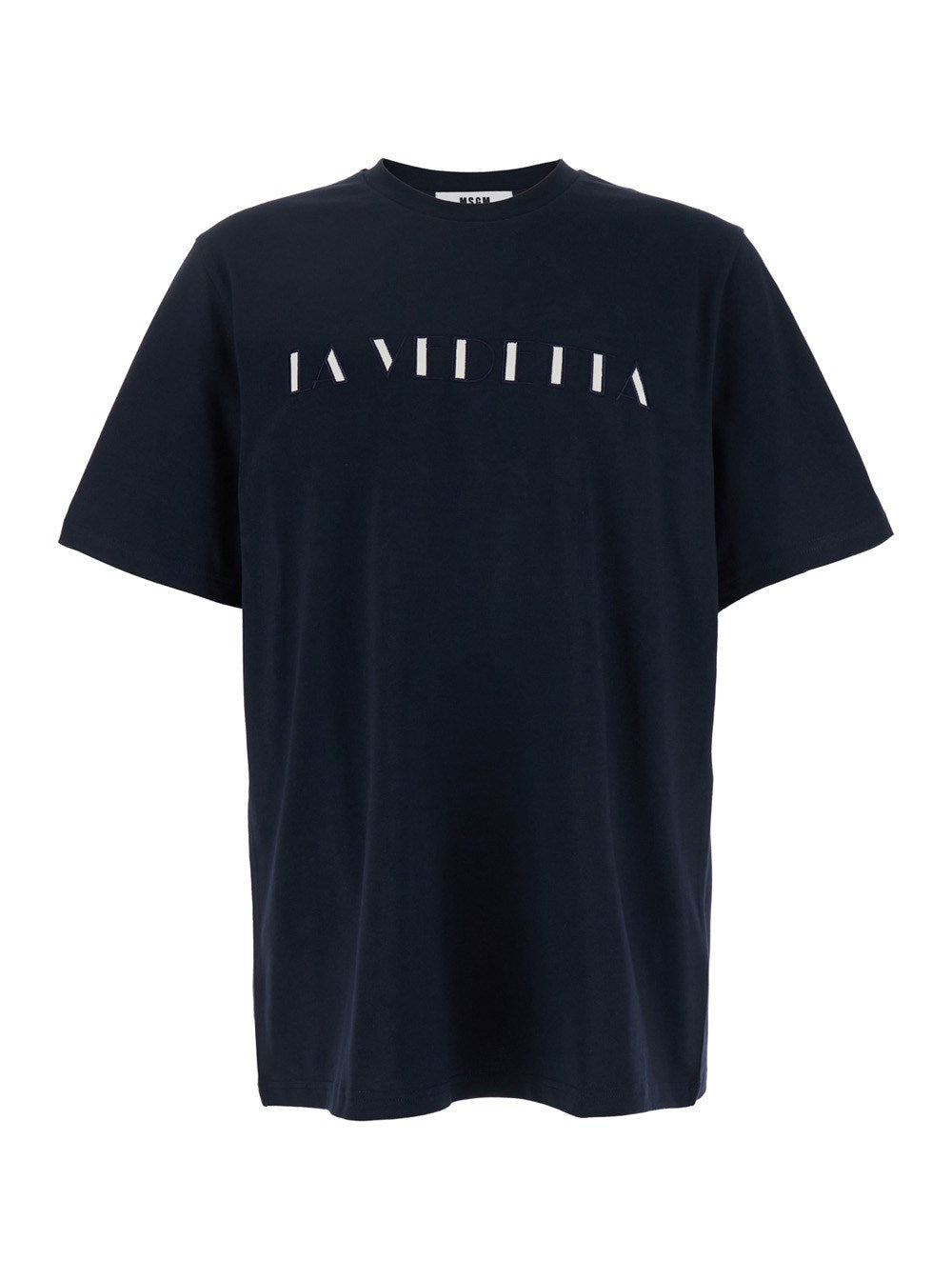 Msgm Blue Crewneck T-Shirt with Print on the Front in Cotton Man