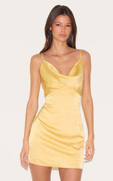 Mustard Satin Leaf Print Cowl Neck Mini Dress