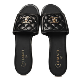 Chanel Lambskin Quilted Turnlock Flat Mules  Black