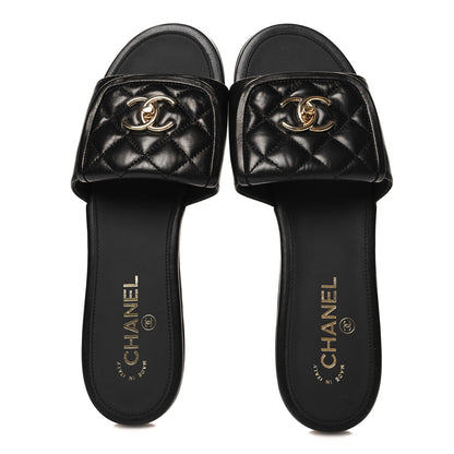 Chanel Lambskin Quilted Turnlock Flat Mules  Black