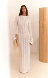 Cream Textured Frayed Edge Maxi Dress