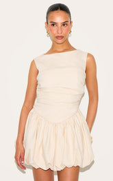 Petite Stone Linen Look Sleeveless Ruched Puffball Hem Mini Dress