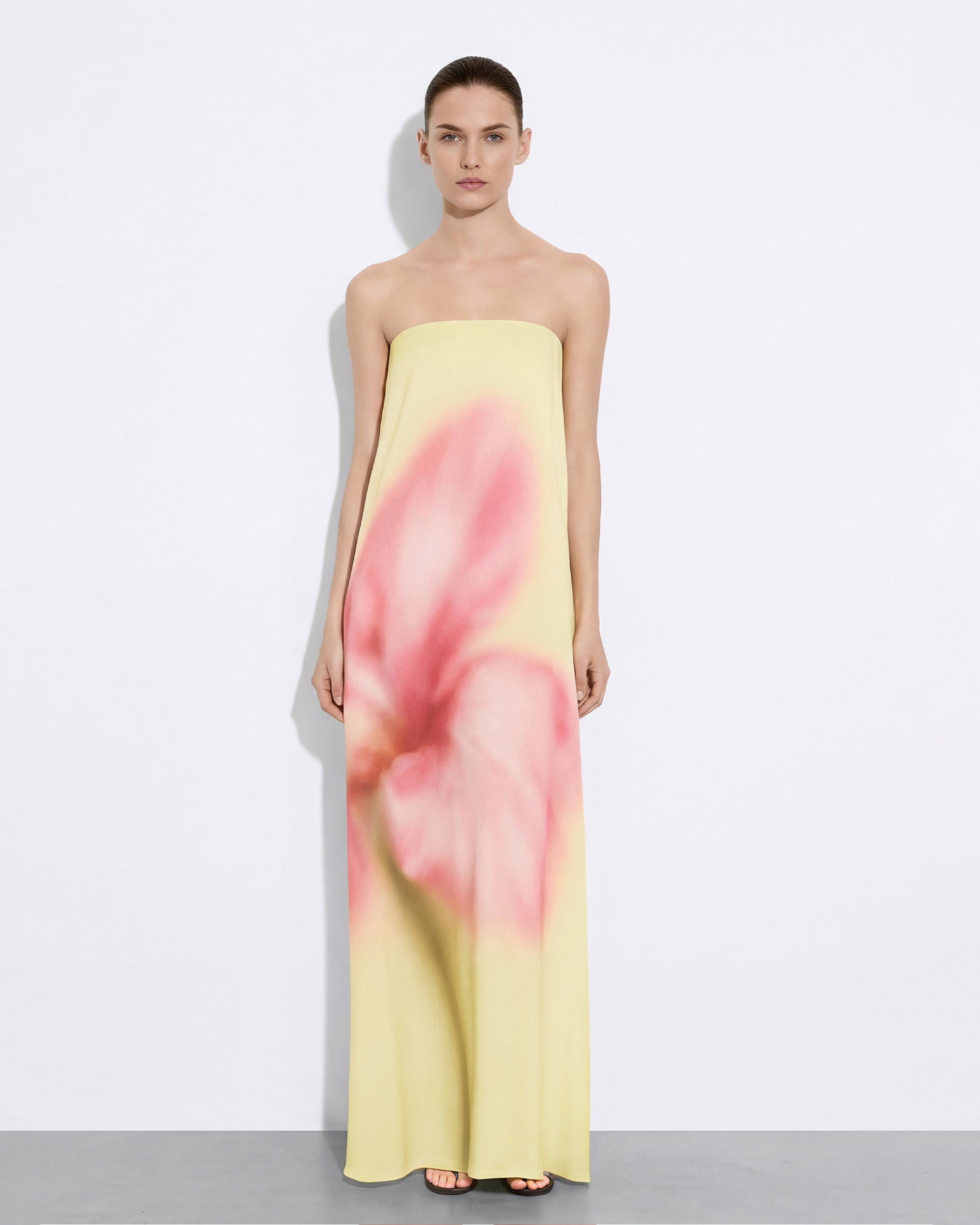 Watercolor Floral Print Strapless Maxi Dress - Blue