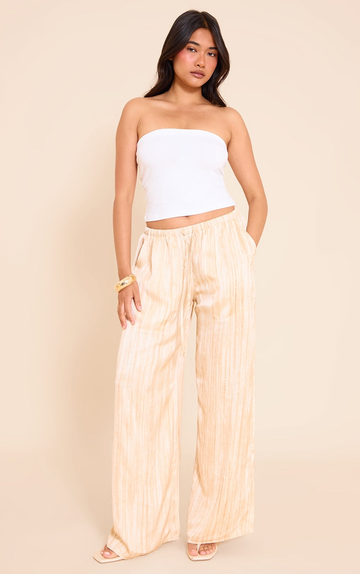 Cream Textured Woven Printed Satin Wide Leg Trousers