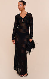 Black Long Sleeve Trim Detail Crochet Maxi Dress