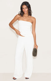 White Textured Drawstring Slouchy Wide Leg Trousers