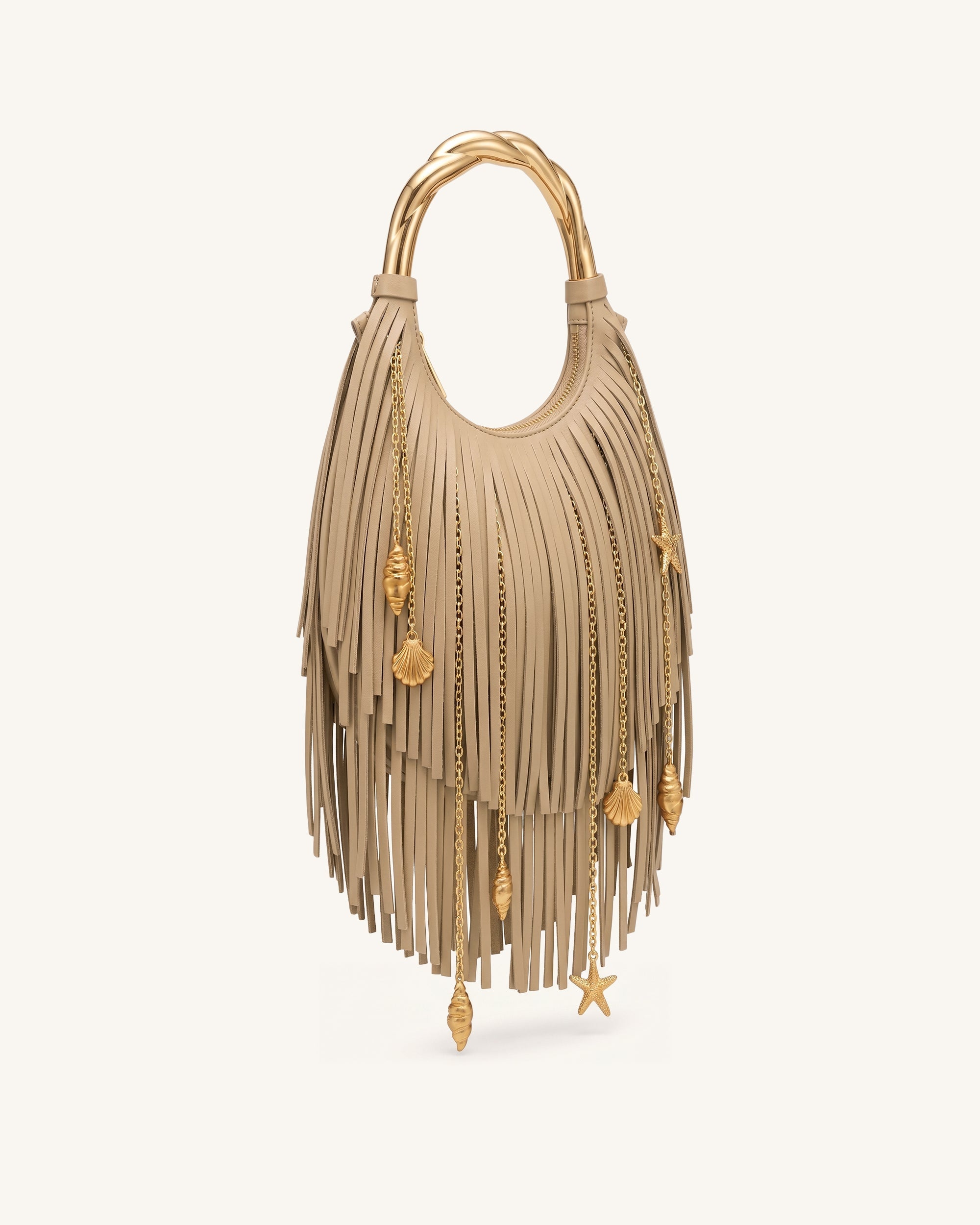 Chloe Metal Handle Fringe Top Handbag - Navy Blue