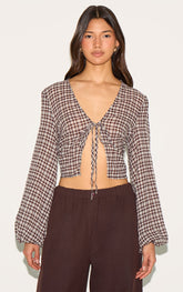Brown Tie Front Gingham Blouse