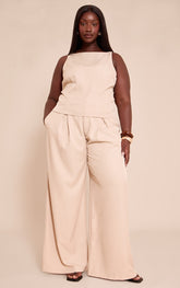 Plus Stone Woven Tailored Pleated Wide Leg Trousers
