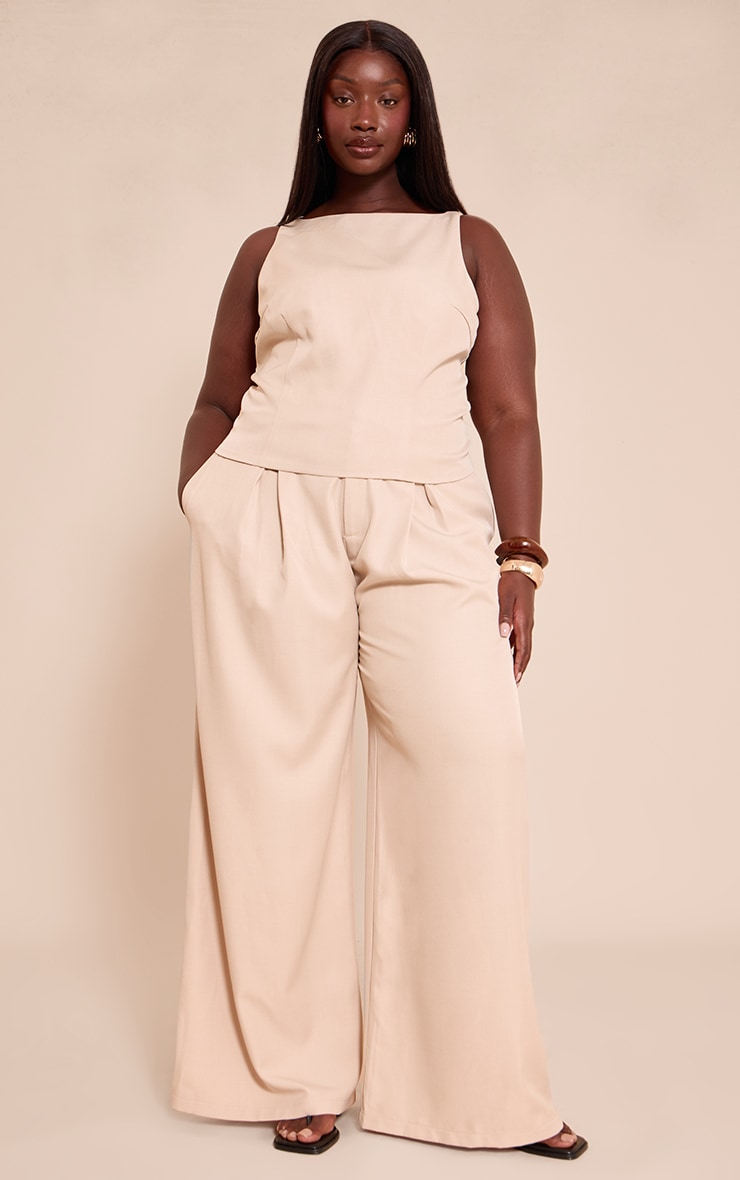 Plus Stone Woven Tailored Pleated Wide Leg Trousers