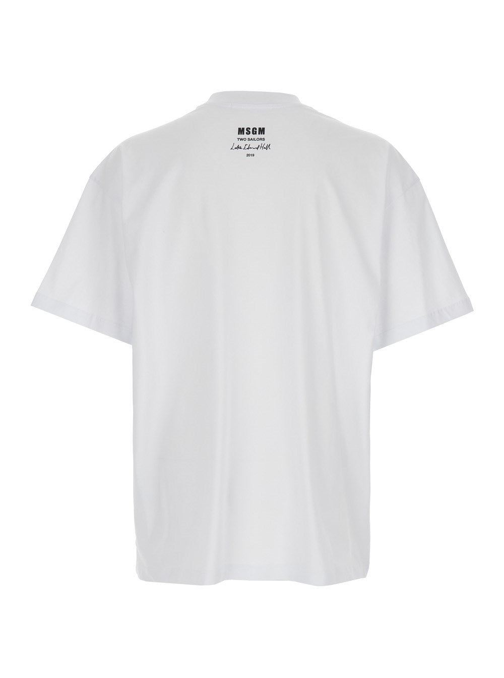 Msgm White Crewneck T-Shirt with Patch on the Front and Logo Lettering on the Back in Cotton Man