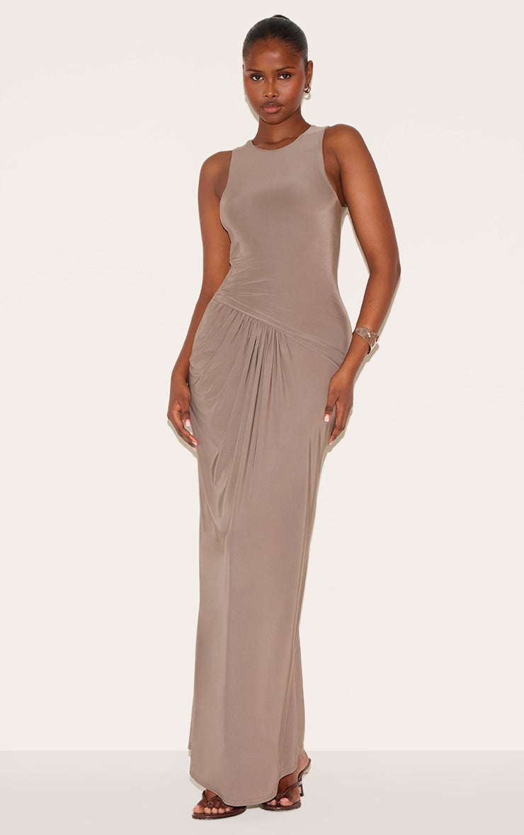 Mocha Double Layer Slinky Drop Waist Ruched Maxi Dress