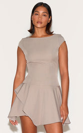Clay Woven Capped Sleeve Asymmetric Layered Shift Dress