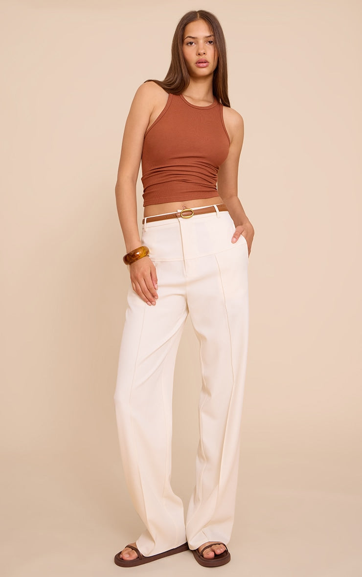 Cream Tailored Thick Belted Waistband Detail Wide Leg Trousers