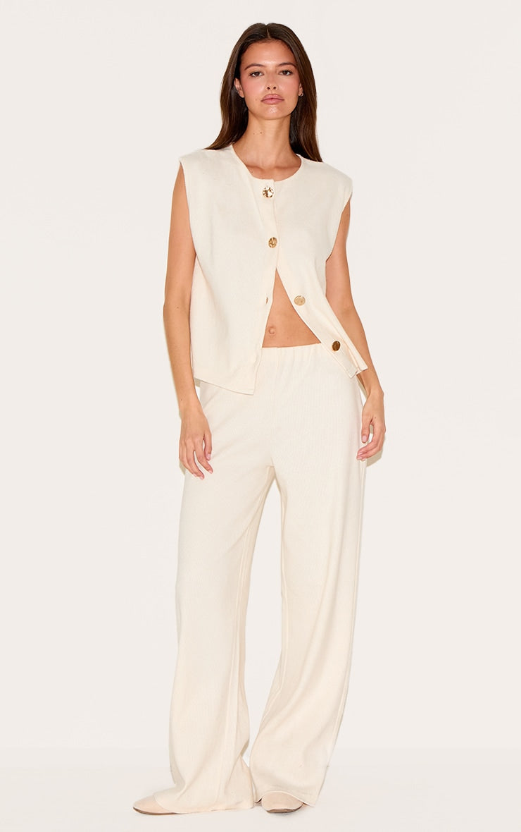 Cream Brushed Rib Low Rise Straight Trousers