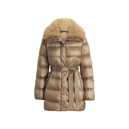 Faux Shearling Trim Belted Wind Resistant Duck Down Short Puffer Jacket