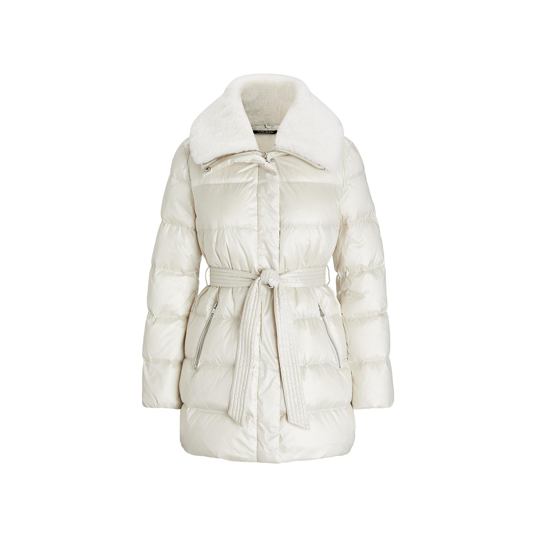 Faux Shearling Trim Belted Wind Resistant Duck Down Short Puffer Jacket