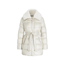 Faux Shearling Trim Belted Wind Resistant Duck Down Short Puffer Jacket