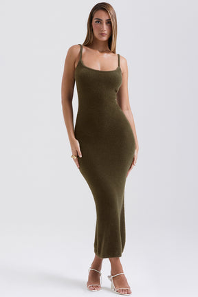 Khaki soft fluffy knit maxi dress