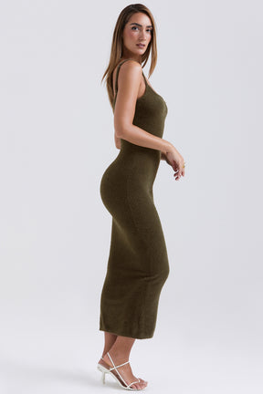 Khaki soft fluffy knit maxi dress