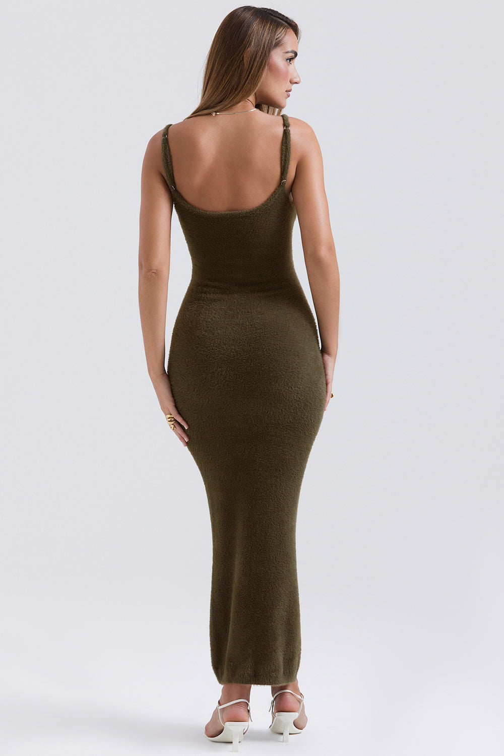 Khaki soft fluffy knit maxi dress