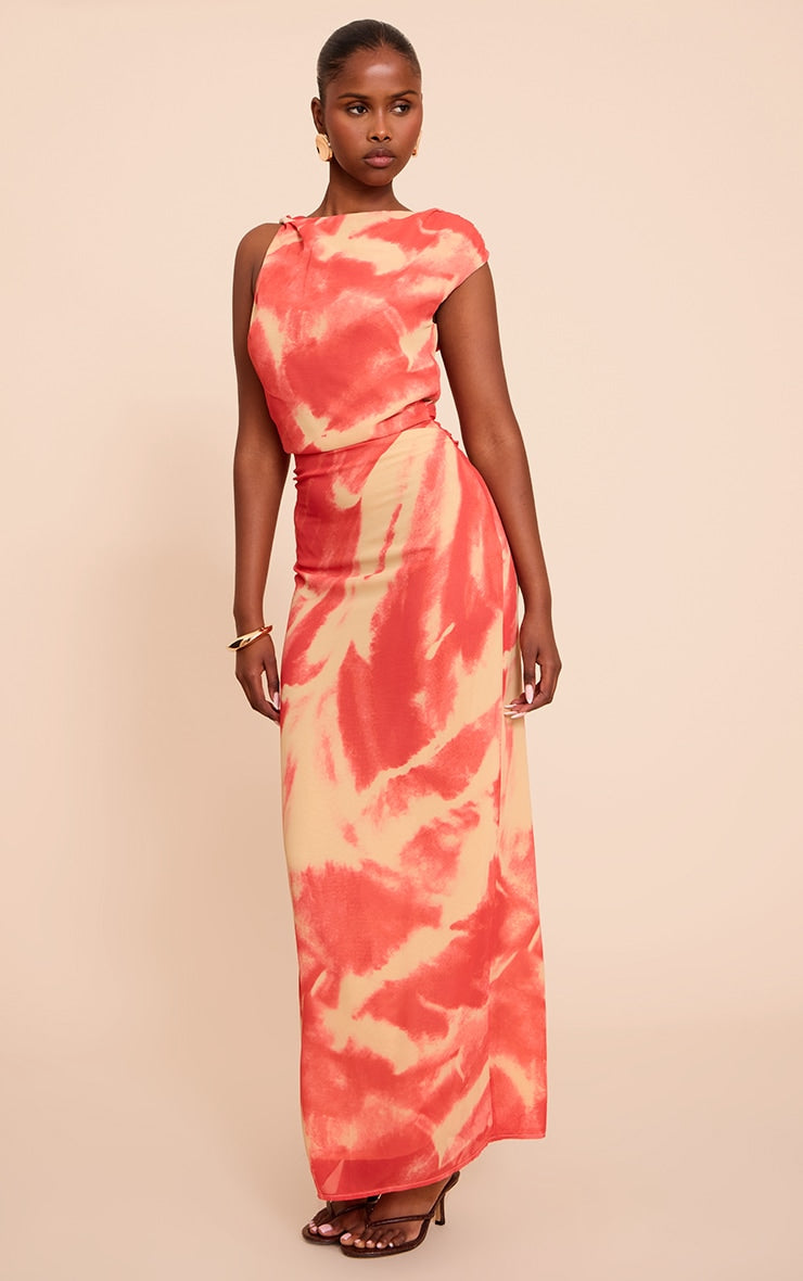 Pink Abstract Printed Chiffon Ruched Maxi Dress
