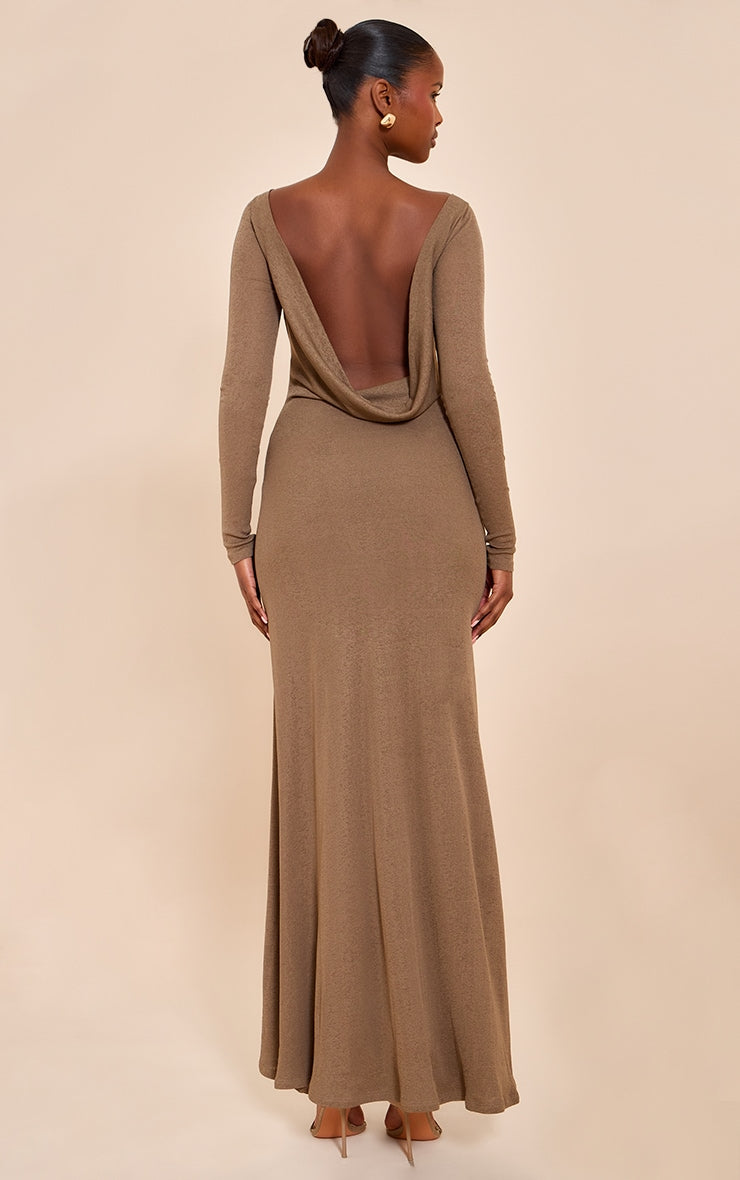 Chocolate Double Layer Onion Skin Cowl Back Maxi Dress