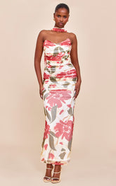 Red Floral Printed Scarf Detail Ruched Maxi Dress