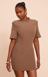 Mushroom Woven Cinched Backless Minii Dress