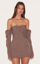 Mushroom Woven Tailored Long Sleeve Bardot Pocket Detail Mini Dress