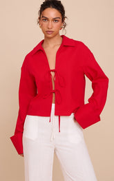 Tomato Tie Front Linen Look Collar Blazer