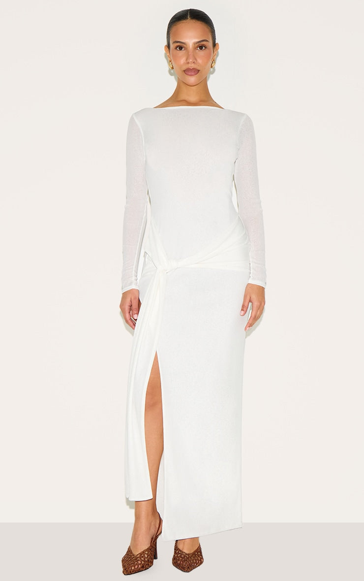 Petite White Long Sleeve Sheer Tie Front Maxi Dress