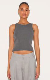Charcoal Fine Knit  Racer Neck Top