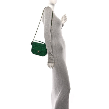 Chanel Calfskin Crocodile Embossed Turn Around Mini Flap Emerald