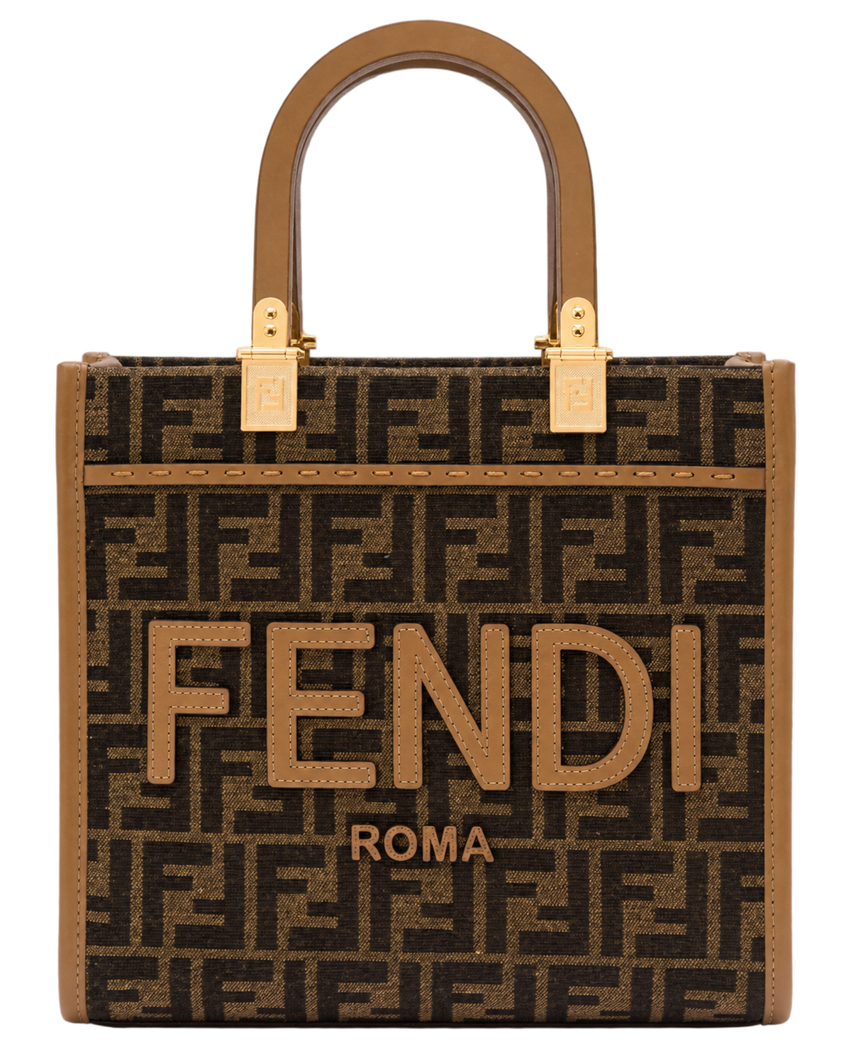 Fendi 'Sunshine Small' Brown Tote Bag with Logo in FF Jacquard Canvas and Leather Woman