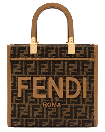 Fendi 'Sunshine Small' Brown Tote Bag with Logo in FF Jacquard Canvas and Leather Woman
