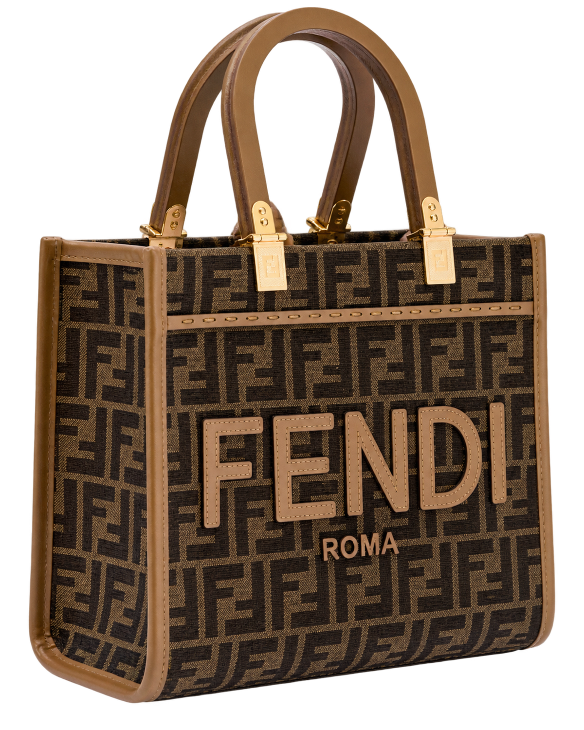Fendi 'Sunshine Small' Brown Tote Bag with Logo in FF Jacquard Canvas and Leather Woman