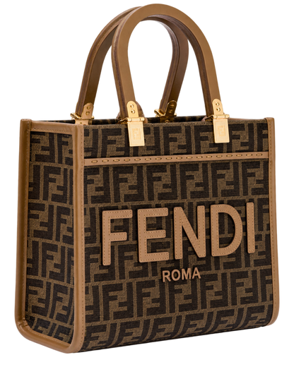 Fendi 'Sunshine Small' Brown Tote Bag with Logo in FF Jacquard Canvas and Leather Woman