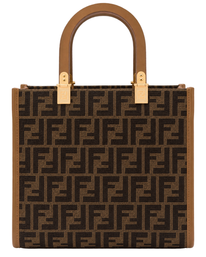 Fendi 'Sunshine Small' Brown Tote Bag with Logo in FF Jacquard Canvas and Leather Woman