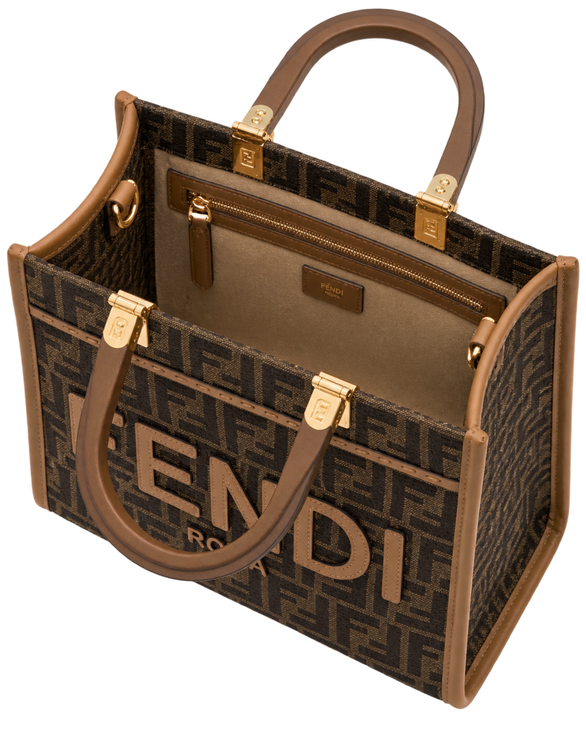Fendi 'Sunshine Small' Brown Tote Bag with Logo in FF Jacquard Canvas and Leather Woman