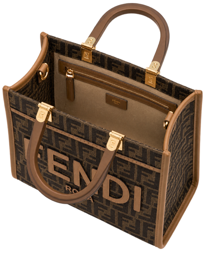 Fendi 'Sunshine Small' Brown Tote Bag with Logo in FF Jacquard Canvas and Leather Woman