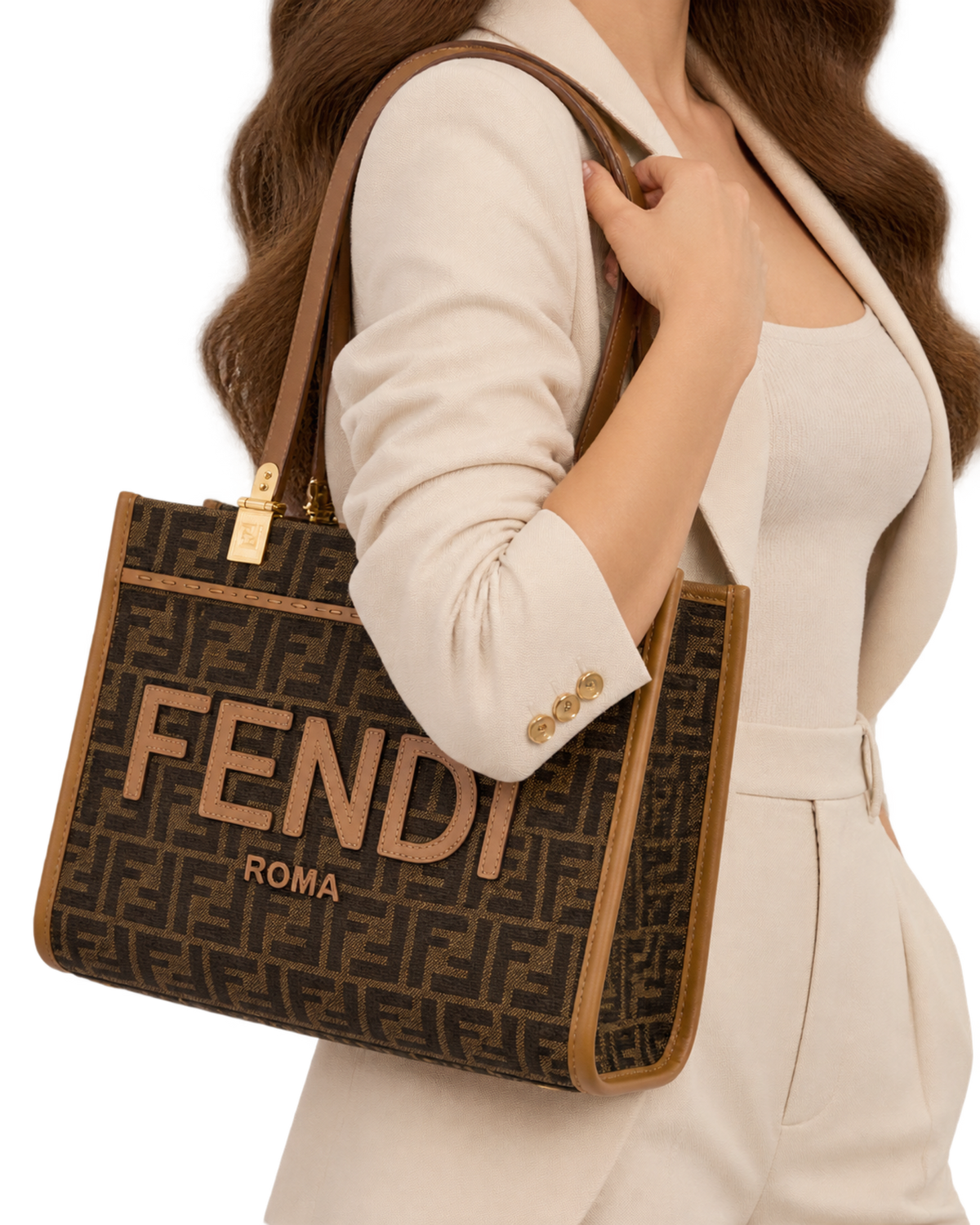 Fendi 'Sunshine Small' Brown Tote Bag with Logo in FF Jacquard Canvas and Leather Woman