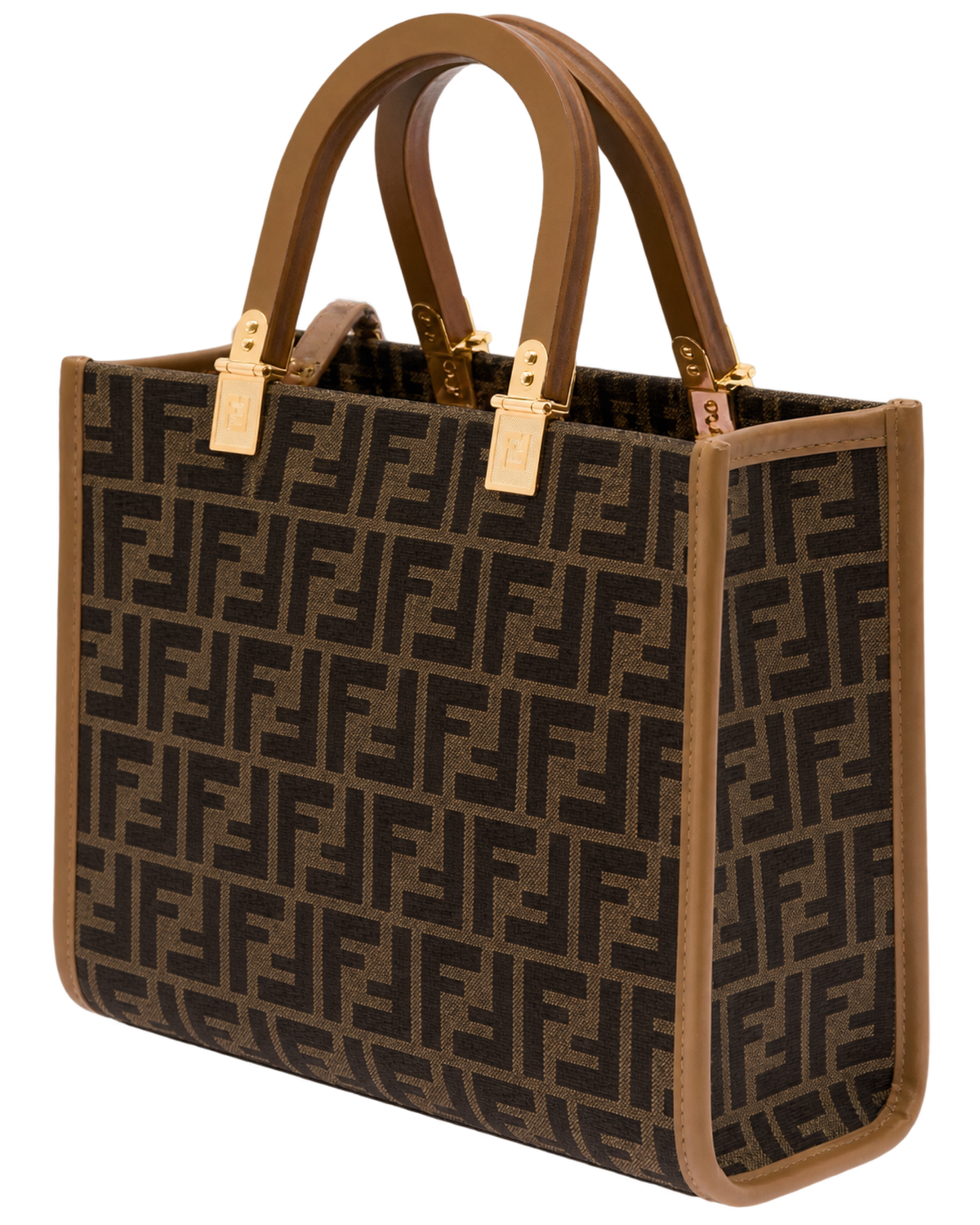 Fendi 'Sunshine Small' Brown Tote Bag with Logo in FF Jacquard Canvas and Leather Woman