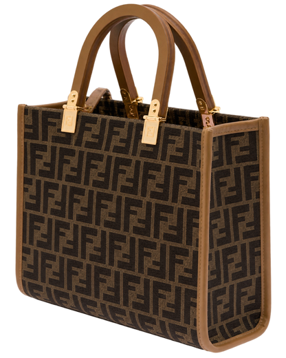 Fendi 'Sunshine Small' Brown Tote Bag with Logo in FF Jacquard Canvas and Leather Woman
